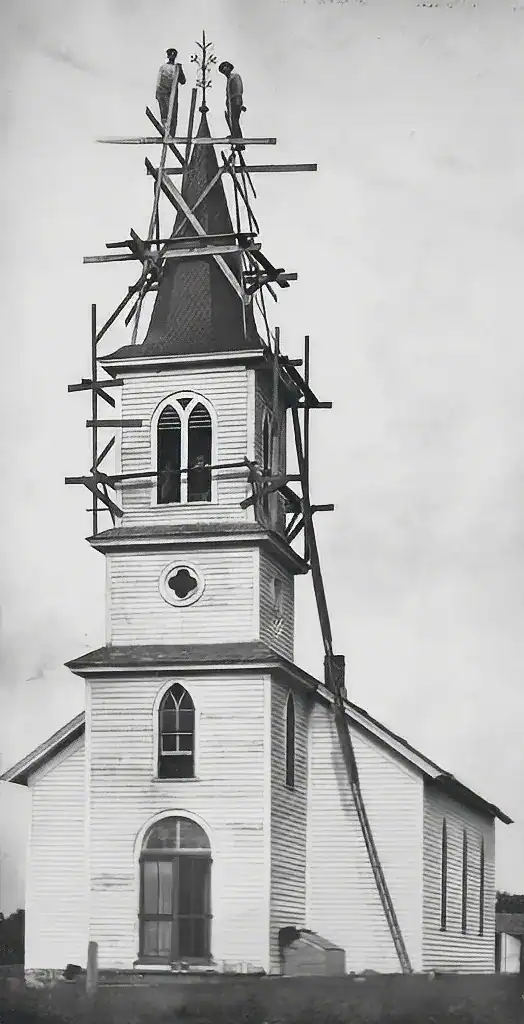 Scaffolding on Immanuel Lutheran Church steeple during renovation or repair work.